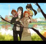  2girls black_hair breasts commentary dishwasher1910 english_commentary family father_and_daughter green_eyes lie_ren long_hair mother_and_son multiple_boys multiple_girls nora_valkyrie orange_hair red_eyes rwby short_hair smile twintails 