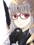  bespectacled black_gloves closed_mouth commentary_request fire_emblem fire_emblem_heroes glasses gloves grey_hair hair_ornament highres ikuno_326 long_hair protected_link red-framed_eyewear red_eyes simple_background solo veronica_(fire_emblem) white_background 