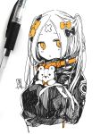  abigail_williams_(fate/grand_order) alternate_hairstyle bangs black_bow black_jacket blonde_hair blush bow fate/grand_order fate_(series) hair_bow hair_bun holding holding_stuffed_animal jacket long_hair long_sleeves looking_at_viewer orange_bow orange_eyes parted_bangs parted_lips photo sleeves_past_fingers sleeves_past_wrists sofra solo stuffed_animal stuffed_toy teddy_bear traditional_media two_side_up 