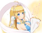  bare_shoulders blonde_hair blue_dress blue_hair blush bouquet breasts cleavage cleavage_cutout collarbone commentary_request dragalia_lost dress flower gyosei hair_ornament highres holding holding_bouquet jewelry long_hair smile solo tiara translated zethia 