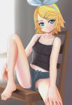  1girl armad bangs bare_shoulders barefoot black_shirt blonde_hair blue_eyes blue_shorts blush breasts chair closed_mouth collarbone denim denim_shorts female fingernails hairband half-closed_eyes indoors kagamine_rin knee_up light_blush looking_at_viewer midriff_peek no_panties open_fly partially_visible_vulva shiny shiny_skin shirt short_hair short_shorts shorts sitting sleeveless sleeveless_shirt small_breasts smile solo spread_legs swept_bangs tank_top unbuttoned upshorts vocaloid white_hairband 