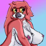  2018 acacia_stormwood_(frooby) anthro areola avian beak big_breasts bird breasts digital_drawing_(artwork) digital_media_(artwork) dog_tags feathers female frooby fur green_eyes non-mammal_breasts nude parrot red_fur scar smile solo yellow_eyes 