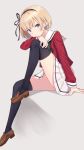 black_legwear blonde_hair blue_eyes blush brown_footwear character_request closed_mouth copyright_request eyebrows_visible_through_hair hairband highres hyuuga_azuri kneehighs loafers long_sleeves looking_at_viewer shoes short_hair sitting skirt solo thighhighs white_skirt 