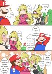  2girls bare_shoulders black_dress blonde_hair blue_earrings blue_eyes blush_stickers bowsette cabbie_hat comic dress engrish faceless hat horns long_hair mario mario_(series) multiple_girls new_super_mario_bros._u_deluxe overalls pink_dress ponytail princess_peach ranguage red_shirt sesield shirt short_hair strapless strapless_dress super_crown surprised 