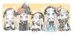  5girls :&lt; :d ? ^_^ abigail_williams_(fate/grand_order) bangs blue_dress blue_eyes blush bow closed_eyes closed_mouth dress eyebrows_visible_through_hair facing_viewer fate/grand_order fate_(series) food forehead hair_bun hat holding holding_food holding_stuffed_animal jacket long_hair looking_at_viewer multiple_girls multiple_persona open_mouth orange_bow parted_bangs red_eyes revealing_clothes sandwich sharp_teeth smile sofra stuffed_animal stuffed_toy teddy_bear teeth traditional_media very_long_hair witch_hat 