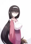  black_hair breasts brown_hair dress eyebrows_visible_through_hair fate/grand_order fate_(series) glasses gradient_hair hair_bobbles hair_ornament highres jacket large_breasts long_hair looking_at_viewer looking_to_the_side low_twintails multicolored_hair open_clothes open_jacket osakabe-hime_(fate/grand_order) purple_eyes puyo ribbed_dress solo twintails very_long_hair white_background 