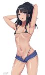  :o armpits arms_behind_head arms_up ass_visible_through_thighs bangs bikini bikini_under_clothes black_bikini breasts breasts_apart collarbone contrapposto covered_nipples cowboy_shot cutoffs dark_skin dated denim denim_shorts eyebrows_visible_through_hair half_updo high_ponytail highres idolmaster idolmaster_shiny_colors kazano_hiori long_hair medium_breasts mole mole_under_mouth navel open_clothes open_fly open_mouth open_shorts ponytail pussy_peek short_shorts shorts sidelocks signature simple_background skindentation solo stomach string_bikini surock swimsuit tan thighs unbuttoned white_background 