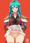  aqua_hair armor blue_eyes blush breastplate breasts cape choker clothing_aside commentary eirika english_commentary facing_viewer fire_emblem fire_emblem:_seima_no_kouseki fire_emblem_heroes hair_between_eyes large_breasts lifted_by_self long_hair panties pauldrons revolverwing shoulder_armor skirt skirt_lift smile standing thighhighs underwear wide_sleeves 