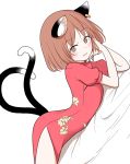  animal_ears arched_back blush brown_eyes brown_hair cat_ears cat_tail chen china_dress chinese_clothes dress ear_piercing eyes_visible_through_hair floral_print hands_in_hair looking_at_viewer multiple_tails nekomata open_mouth piercing red_dress shiisuu_rattamu short_hair solo tail thighs touhou two_tails 