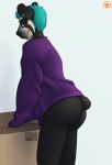  2017 ambiguous_gender anthro arched_back bear bearsona_(cyberella) big_thighs biped black_eyes black_fur black_markings black_nose black_tail blue_hair bottomless butt clothed clothing digital_drawing_(artwork) digital_media_(artwork) ear_piercing eye_markings eyebrows eyewear facial_markings fur girly glasses hair half-length_portrait lighting logo looking_back mammal markings mistystriker multicolored_fur on_table oversized_clothing oversized_shirt patreon piercing pince-nez portrait presenting presenting_hindquarters purple_clothing purple_topwear rear_view shadow shirt short_hair short_tail simple_background smile snout solo spectacled_bear standing table two_tone_fur white_background white_fur 