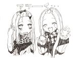  :d ^_^ abigail_williams_(fate/grand_order) arm_up bangs bangs_pinned_back blush bow closed_eyes dress facing_viewer fate/grand_order fate_(series) forehead greyscale hair_bow hands_up head_tilt horns lavinia_whateley_(fate/grand_order) long_sleeves matching_hairstyle monochrome multiple_girls open_mouth parted_bangs parted_lips round_teeth simple_background sleeves_past_wrists smile sofra sweat teeth translation_request upper_teeth white_background 
