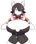  2018 anthro big_breasts black_hair blue_eyes blush blush_stickers breasts canine cleavage clothed clothing dog ear_piercing fangs female hair hair_over_eye hi_res huge_breasts looking_at_viewer maggie_applebee mammal piercing simple_background solo theycallhimcake white_background 