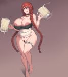  1girl apron areolae bell bell_collar blue_eyes blush bottomless braid breasts censored collar cum_in_container cup huge_breasts long_hair metal_owl_(aden12) mug nipples open_mouth red_hair smile solo standing twintails wide_hips 