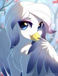  2018 avian beak blue_eyes digital_media_(artwork) feathered_wings feathers female fensu-san feral gryphon hair hi_res sitting smile solo url white_hair wings yellow_beak 