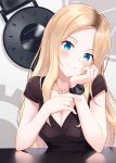  black_shirt blonde_hair blue_eyes blush breasts cleavage closed_mouth collarbone eyebrows_visible_through_hair hyuuga_azuri jewelry klasse14 large_breasts long_hair looking_at_viewer necklace original shirt short_sleeves smile solo upper_body watch wristwatch 
