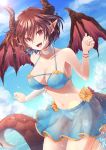  :d bandaged_arm bandages bikini bikini_skirt blue_bikini blue_skirt bracelet breasts choker cleavage collarbone commentary_request day dragon_girl dragon_horns dragon_tail dragon_wings fangs granblue_fantasy grea_(shingeki_no_bahamut) hair_between_eyes horns jewelry large_breasts lens_flare looking_at_viewer navel ocean open_mouth pointy_ears purple_eyes purple_hair shingeki_no_bahamut short_hair skirt smile solo splashing sunlight swimsuit tail water wings yue_(pixiv2547) 