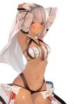  altera_(fate) armpits bangs blunt_bangs breasts choker closed_mouth collarbone dark_skin detached_sleeves eyebrows_visible_through_hair fate/grand_order fate_(series) full_body_tattoo hair_between_eyes hands_on_own_head headdress highres hips jewelry midriff navel pisuta_(yamashiro) red_eyes revealing_clothes short_hair showgirl_skirt skirt small_breasts smile solo stomach tan tattoo veil white_hair white_skirt 