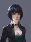  absurdres black_bra black_hair black_shirt bra breasts brown_eyes camisole cleavage collar grey_background highres lipstick looking_at_viewer makeup medium_breasts nose open_clothes open_shirt pale_skin pan_xuan persona persona_5 realistic shirt short_hair solo studded_collar takemi_tae underwear upper_body 