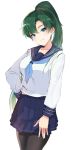  absurdres bangs breasts collarbone commentary_request eyebrows_visible_through_hair fire_emblem fire_emblem:_rekka_no_ken green_hair hand_on_hip head_tilt highres long_hair long_sleeves looking_at_viewer lyndis_(fire_emblem) medium_breasts ormille pantyhose parted_lips ponytail school_uniform shiny shiny_hair simple_background skirt smile solo white_background 