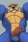  2018 abs animal_genitalia animal_penis anthro balls biceps black_nose bulge bulldog canine canine_penis clothed clothing coveralls cum digital_media_(artwork) dog dribble dudebulge erection eyebrows front_view fur hat knot looking_at_viewer low-angle_view male mammal muscular muscular_male navel nintendo nipples one_eye_closed orange_fur partially_clothed pecs penis pink_nipples precum red_penis saliva signature simple_background smile solo teeth thick_eyebrows tight_clothing tusks unzipped vein veiny_penis video_games warioware whiskers wink 