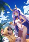  3girls animal_ears beach bikini blue_bikini blue_sky breasts commentary_request condensation_trail covered_navel dark_skin day dutch_angle earrings eyebrows_visible_through_hair facial_mark fate/grand_order fate_(series) food fox_ears fujimaru_ritsuka_(female) fujimaru_ritsuka_(male) hair_tubes hat highres holding_hands hood hoodie hoop_earrings jewelry long_hair low-tied_long_hair medium_breasts medium_hair medjed multiple_girls nitocris_(fate/grand_order) nitocris_(swimsuit_assassin)_(fate) orange_hair outdoors pg_(pgouwoderen) popsicle purple_eyes purple_hair shaded_face shovel sidelocks sky sparkle sun_hat swimsuit tamamo_(fate)_(all) tamamo_no_mae_(swimsuit_lancer)_(fate) very_long_hair vimana white_swimsuit 