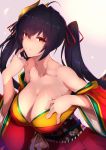  ahoge azur_lane bangs bare_shoulders beige_background black_hair blush breasts cleavage collarbone commentary_request crossed_bangs eyebrows_visible_through_hair feathers finger_to_cheek floral_print gradient gradient_background grey_background grin hair_between_eyes hair_ribbon hand_on_own_chest head_tilt huge_breasts japanese_clothes kimono large_breasts long_hair long_sleeves looking_at_viewer mask mask_on_head nose_blush obi off_shoulder parted_lips red_eyes red_kimono red_ribbon ribbon saisarisu sash shiny shiny_skin sidelocks smile solo striped striped_ribbon taihou_(azur_lane) twintails upper_body very_long_hair wide_sleeves 