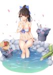  &gt;_&lt; :3 :d alcohol azur_lane bare_arms bare_shoulders bikini blouse blue_blouse blush bow breasts brown_eyes brown_hair cleavage closed_eyes closed_mouth collarbone commentary_request cup hair_bow hair_ears hand_up high_ponytail highres large_breasts long_hair navel onsen open_mouth petals petals_on_liquid ponytail rock sake shishi_odoshi simple_background sitting smile soaking_feet solo swimsuit takao_(azur_lane) thighs water white_background white_bikini yuxian_youka 