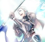  armor blue_eyes blue_hair cape fe_knights fire_emblem fire_emblem_if flag flagpole gloves highres holding holding_flag pauldrons polearm silas_(fire_emblem_if) solo weapon 