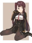  2l_(2lsize) bangs black_footwear black_gloves blunt_bangs blush breasts brown_eyes brown_hair closed_mouth commentary_request dress eyebrows_visible_through_hair framed_breasts girls_frontline gloves hair_ribbon half_updo hand_up high-waist_skirt highres long_hair looking_to_the_side medium_breasts necktie nose_blush one_side_up outside_border pantyhose pelvic_curtain purple_hair red_eyes red_neckwear red_ribbon ribbon short_dress sitting skirt solo tsurime wa2000_(girls_frontline) wariza white_gloves 