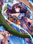  black_hair blush breasts butterfly_hair_ornament cleavage commentary_request company_name floral_print glasses hair_ornament kanasuke looking_at_viewer medium_breasts official_art scroll sengoku_kishin_valkyrie 