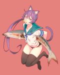  akebono_(kantai_collection) animal_ears bell black_legwear black_panties blue_sailor_collar cat_ears cat_tail fish flower full_body hair_bell hair_flower hair_ornament highres jingle_bell kantai_collection kemonomimi_mode long_hair no_pants open_mouth oversized_object panties purple_eyes purple_hair red_background remodel_(kantai_collection) sailor_collar saury school_uniform serafuku short_sleeves side_ponytail simple_background solo tail thighhighs underwear very_long_hair yuuji_(and) 