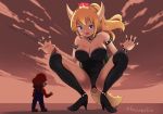  1boy 1girl armlet bare_shoulders black_legwear blonde_hair blue_eyes bowsette breasts brown_hair claw_pose cleavage crown fangs giantess high_heels horns large_breasts leotard long_hair mario mario_(series) nintendo noneto open_mouth short_hair squatting standing super_crown tail tongue tongue_out twitter_username 