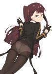  2l_(2lsize) ass bangs black_gloves black_jacket black_legwear blunt_bangs blush braid closed_mouth commentary crown_braid girls_frontline gloves gusset hands_up highres jacket long_hair long_sleeves looking_at_viewer looking_back lying nose_blush on_stomach one_side_up panties panties_under_pantyhose pantyhose purple_hair red_eyes side_ponytail simple_background solo thighband_pantyhose thighs tsurime underwear very_long_hair wa2000_(girls_frontline) white_background 