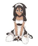 2l_(2lsize) :d apron black_gloves black_hair blue_eyes breasts choker dark_skin fang frills full_body gloves hair_between_eyes hair_flaps highres looking_at_viewer maid maid_headdress mary_janes open_mouth original shoes short_sleeves simple_background sitting small_breasts smile solo tareme waist_apron wariza white_background white_legwear 