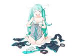  bare_arms bare_legs bare_shoulders barefoot black_footwear blue_hair blue_neckwear boots boots_removed bra breasts brushing_teeth clothes_removed covering detached_sleeves doushimasho dressing expressionless eyebrows_visible_through_hair fingernails full_body half-closed_eyes hatsune_miku headset horizontal_stripes long_hair necktie no_panties nude nude_cover panties seiza shadow simple_background sitting skirt sleepy solo striped sun thigh_boots thighhighs toothbrush twintails underwear very_long_hair vocaloid white_background 