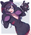  animal_hood bangs blue_eyes blush breasts cleavage commentary_request cowboy_shot dutch_angle eyebrows_visible_through_hair fang fate/grand_order fate_(series) hood hood_up hoodie katsushika_hokusai_(fate/grand_order) long_sleeves looking_at_viewer medium_breasts octopus open_mouth purple_hair short_hair sleeves_past_fingers sleeves_past_wrists smug solo tokitarou_(fate/grand_order) totatokeke two-tone_background v-shaped_eyebrows 