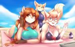  2018 anthro beach big_breasts black_nose blue_eyes breasts brown_eyes brown_hair candy canine cat cervine cleavage clothed clothing cloud digital_media_(artwork) doe_(alfa995) eyelashes eyewear feline female food fox glasses group hair huge_breasts inner_ear_fluff lollipop long_hair looking_at_viewer lying mammal miguel_(mleonheart) mleonheart on_front on_towel open_mouth open_smile outside pink_nose queen_(alfa995) sand seaside sky smile towel 