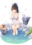  &gt;_&lt; :3 :d alcohol azur_lane bare_arms bare_shoulders blouse blue_blouse blush bow breasts brown_eyes brown_hair cleavage closed_eyes closed_mouth collarbone cup hair_bow hair_ears hand_up high_ponytail highres large_breasts long_hair naked_towel navel onsen open_mouth petals petals_on_liquid ponytail rock sake shishi_odoshi simple_background sitting smile soaking_feet solo takao_(azur_lane) thighs towel water white_background yuxian_youka 