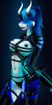  anthro black_eyes black_nipples black_skin blue_hair breasts female female_focus fish flashing hair hexagon marine multicolored_skin nightsharky nipples pistachiohorror shark solo_focus white_skin 