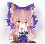  :o animal_ear_fluff animal_ears bangs blue_bow blue_kimono blue_sleeves blush bow breasts brown_eyes chibi cleavage cottontailtokki detached_sleeves fate/extra fate_(series) fox_ears fox_girl fox_tail full_body hair_between_eyes hair_bow hand_up japanese_clothes kimono long_hair long_sleeves looking_at_viewer medium_breasts obi parted_lips pink_hair sash sitting sleeves_past_fingers sleeves_past_wrists solo strapless tail tail_raised tamamo_(fate)_(all) tamamo_no_mae_(fate) very_long_hair wide_sleeves 