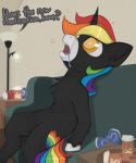  ambiguous_gender bottle cutie_mark dialogue drooling english_text equine fan_character feral hair hi_res horn inside lamp mammal marsminer medicine multicolored_hair my_little_pony open_mouth rainbow_hair rainbow_heart saliva sitting sofa text unicorn 