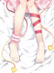  ankle_cuffs barefoot bed_sheet commentary_request heart knees_together_feet_apart komeiji_satori leg_ribbon lying maturiuta_sorato on_back out_of_frame red_ribbon ribbon shadow solo touhou 