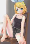  1girl armad bangs bare_shoulders barefoot black_shirt black_shorts blonde_hair blue_eyes blush breasts chair closed_mouth collarbone female fingernails hairband half-closed_eyes indoors kagamine_rin knee_up light_blush looking_at_viewer no_panties partially_visible_vulva shiny shiny_skin shirt short_hair short_shorts shorts sitting sleeveless sleeveless_shirt small_breasts smile solo spread_legs swept_bangs tank_top upshorts vocaloid white_hairband 