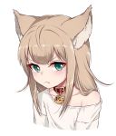  &gt;:( 40hara :t ahoge animal_ears aqua_eyes blonde_hair cat_ears closed_mouth collar collarbone dog_collar frown long_hair looking_at_viewer off_shoulder original pout shirt simple_background solo translated tsurime upper_body v-shaped_eyebrows white_background white_shirt 