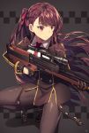  bangs bipod black_legwear black_skirt blazer braid breasts bullpup closed_mouth collared_shirt commentary eyebrows_visible_through_hair framed_breasts french_braid girls_frontline gloves gun hair_ribbon half_updo high-waist_skirt holding holding_gun holding_weapon jacket kim_bae-eo large_breasts long_hair looking_afar necktie one_knee one_side_up pantyhose pelvic_curtain purple_hair red_eyes red_neckwear red_ribbon ribbon rifle shirt signature simple_background skirt sniper_rifle solo squatting strap striped striped_shirt thighband_pantyhose trigger_discipline very_long_hair wa2000_(girls_frontline) walther walther_wa_2000 weapon white_shirt 