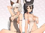  animal_ears arm_strap arm_support arm_up babydoll backless_outfit bangs bare_legs bare_shoulders black_hair blush braid breasts cat_ears collarbone commentary_request covered_nipples erune eyebrows_visible_through_hair granblue_fantasy hair_between_eyes hair_intakes hair_tubes hand_on_own_chest heart heart_background heles ilsa_(granblue_fantasy) koretsuki_azuma light_smile long_braid long_hair looking_at_viewer medium_breasts multiple_girls nipples panties parted_lips red_eyes see-through side-tie_panties sideboob silver_hair single_braid sitting sleepwear smile underwear very_long_hair white_panties yellow_eyes 