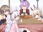  :d animal_ears ayanami_(azur_lane) azur_lane bangs bare_arms blue_dress blue_sailor_collar blush bow bowl bunny_ears closed_mouth commentary_request crown cup dress eyebrows_visible_through_hair food fruit hair_between_eyes hair_bow hair_ornament hair_ribbon hakama haori head_tilt headgear high_ponytail holding holding_cup indoors jacket japanese_clothes javelin_(azur_lane) kotatsu laffey_(azur_lane) light_brown_hair long_hair long_sleeves mandarin_orange mini_crown open_mouth parted_lips pink_jacket ponytail purple_ribbon red_eyes red_hakama ribbon sailor_collar senbei shirt sleeveless sleeveless_dress sleeveless_shirt smile striped striped_bow table tilted_headwear u2_(5798239) white_shirt yunomi z23_(azur_lane) 
