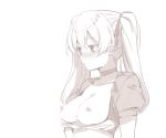  2l_(2lsize) bangs blush breasts breasts_outside closed_mouth from_side greyscale hair_between_eyes long_hair looking_to_the_side maid medium_breasts monochrome nipples nose_blush original short_sleeves simple_background solo twintails upper_body 
