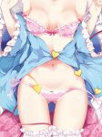 areolae ass_visible_through_thighs bare_shoulders bed_sheet blue_shirt bra breasts collarbone commentary_request floral_print frilled_bra frilled_legwear frilled_panties frilled_sleeves frills hands_up head_out_of_frame komeiji_satori long_sleeves lying maturiuta_sorato medium_breasts nail_polish navel off_shoulder on_back panties pink_nails pink_panties pink_skirt shadow shiny shiny_skin shirt side-tie_panties skirt solo stomach strap_pull thighs touhou underwear wide_sleeves 