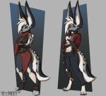  2018 anthro black_nose breasts canine clothed clothing crossed_arms duo featureless_breasts female footwear fur green_eyes grey_fur hair hybrid jacket jambi lagomorph mammal markings multicolored_tail pants rabbit solo spots white_fur white_hair yo-lander 
